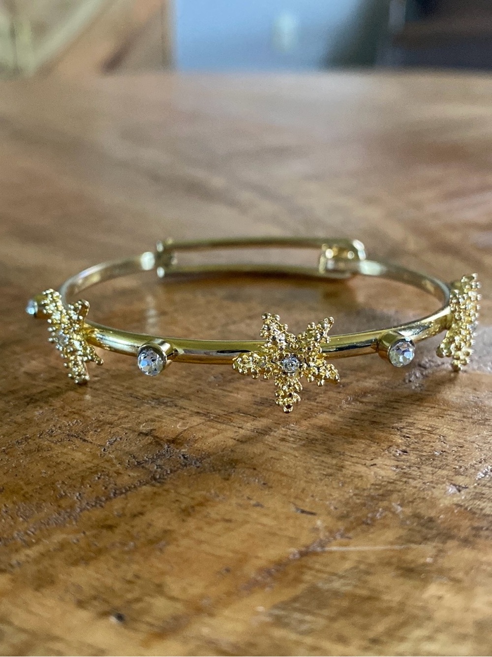 Gold Starfish and Rhinestone Bangle Bracelet